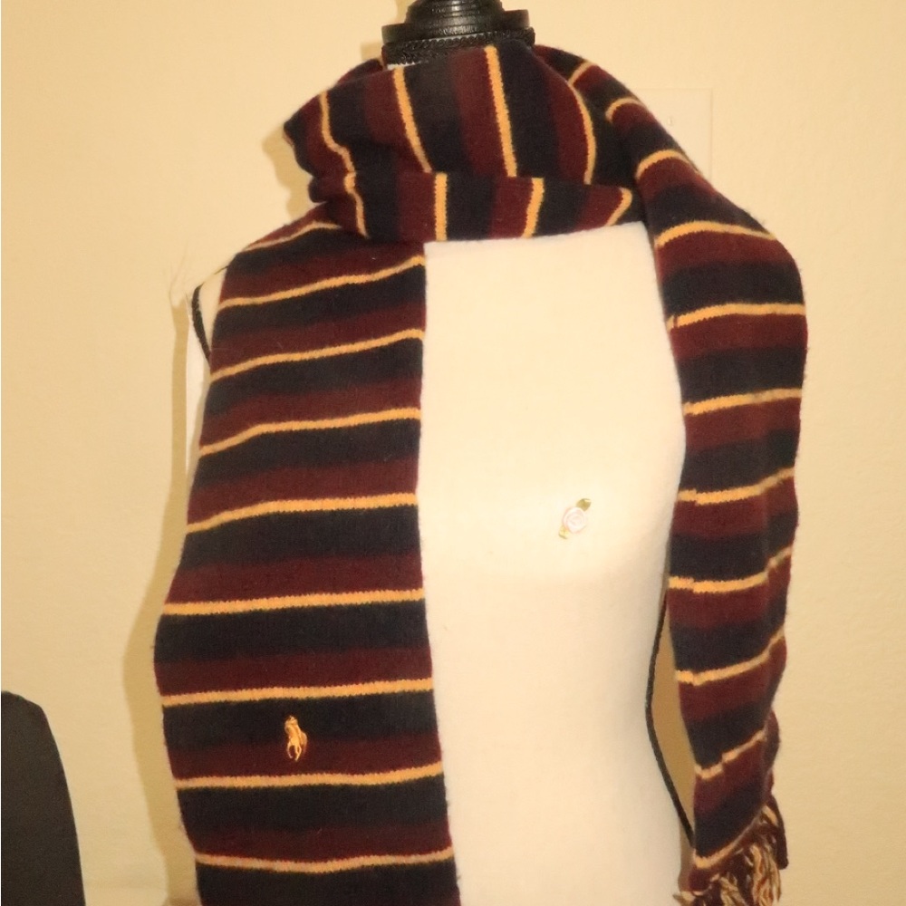 Polo by Ralph Lauren Burgundy, Black & Gold Striped Knit Scarf